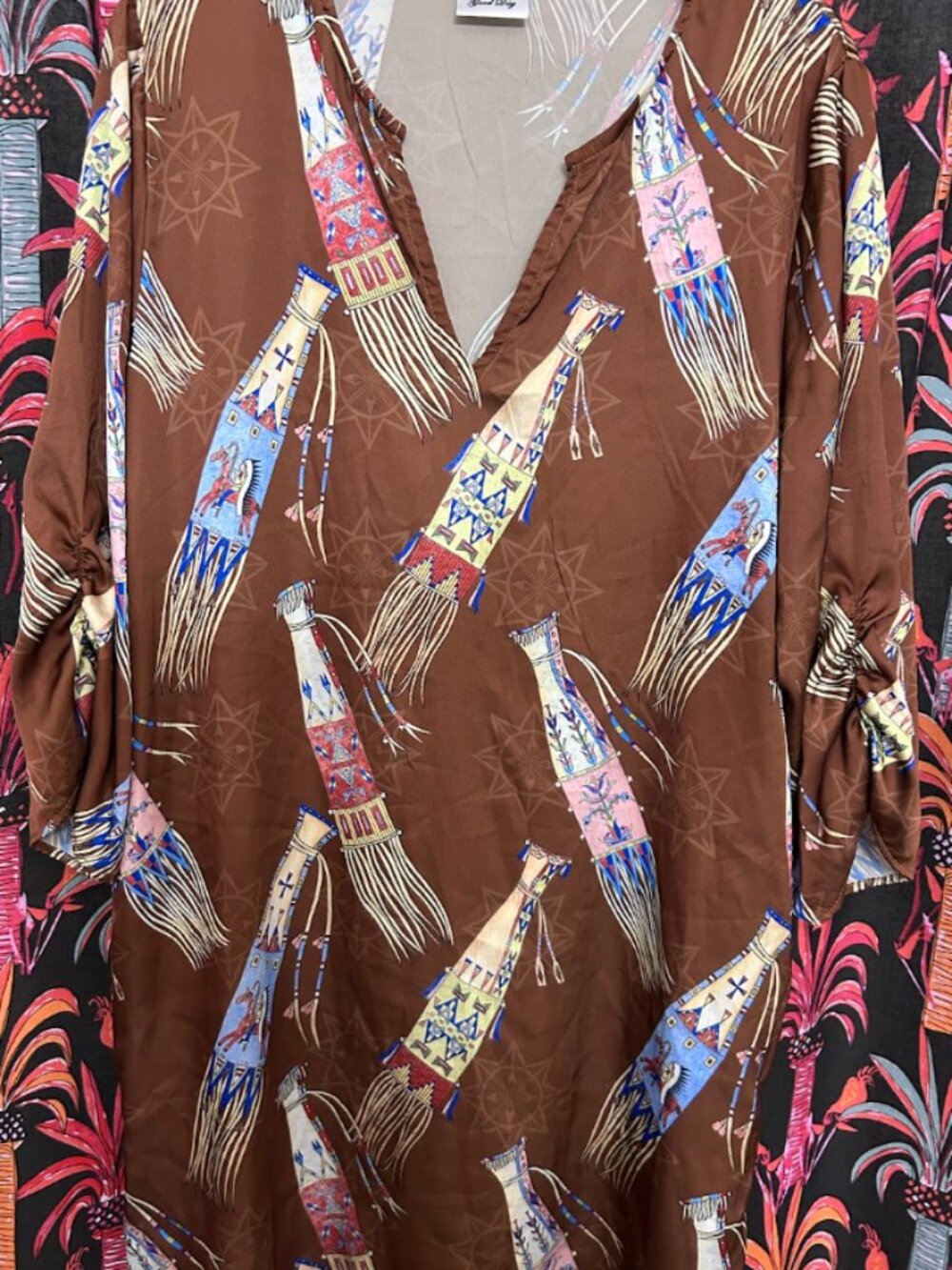 LAUREN GOOD DAY PIPE BAG PRINT BROWN SILKY DRESS NWOT XL NATIVE INDIGENOUS ART
